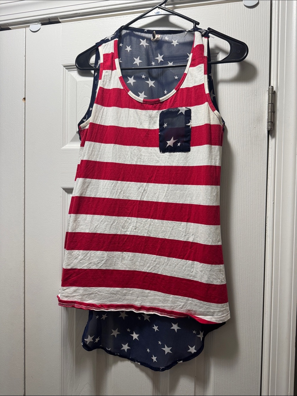 Red & White Striped Tank with Navy Star Pocket